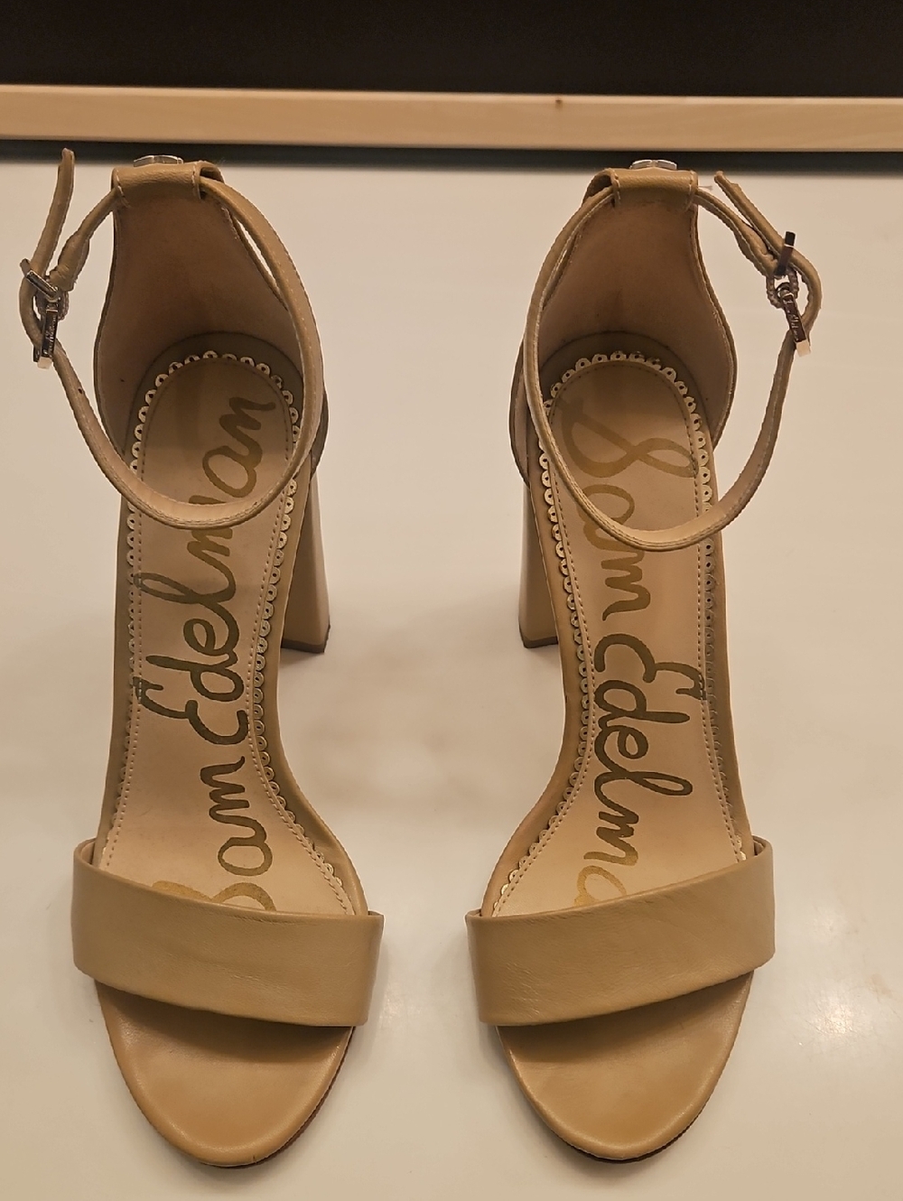 Sam Edelman Beige Ankle-Strap Block Heel Sandals